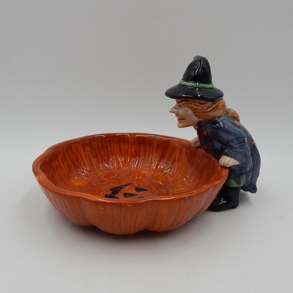 Debbie Mumm Halloween Witch Pumpkin Earthenware Candy Dish Sakura 1998 - Picture 3 of 11